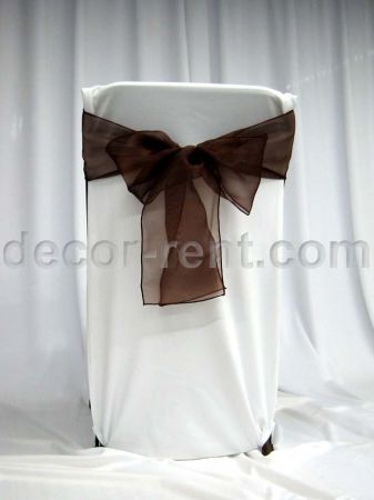 Folding Chair Back Cover White with Chocolate Organza Bow Folding Chair Back Cover White with Chocolate Organza Bow
