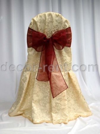 Soft Gold King Brocade Banquet Chair Cover with Burgundy Organza Soft Gold King Brocade Banquet Chair Cover with Burgundy Organza