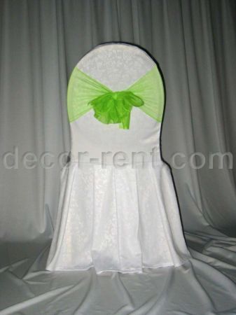 White Floral Damask Banquet Chair Cover & Lime Green Mesh Sash White Floral Damask Banquet Chair Cover & Lime Green Mesh Sash