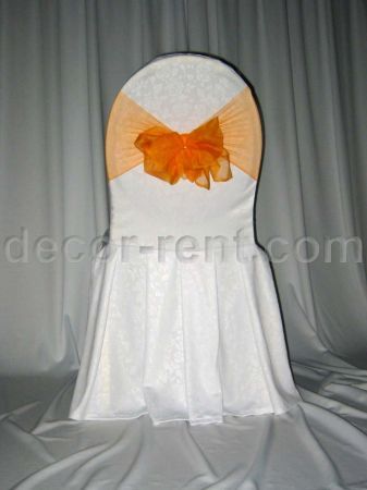 White Floral Damask Banquet Chair Cover & Orange Mesh Sash White Floral Damask Banquet Chair Cover & Orange Mesh Sash