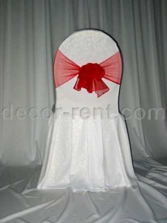 White Floral Damask Banquet Chair Cover with Red Mesh Sash White Floral Damask Banquet Chair Cover with Red Mesh Sash
