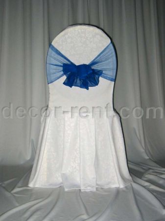 White Floral Damask Banquet Chair Cover & Royal Blue Mesh Sash White Floral Damask Banquet Chair Cover & Royal Blue Mesh Sash