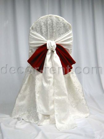 Warm White Brocade Banquet Chair Cover & Brocade Bow with Red Warm White Brocade Banquet Chair Cover & Brocade Bow with Red