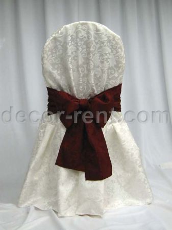 Warm White King Brocade Banquet Chair Cover & King Burgundy Bow. Warm White King Brocade Banquet Chair Cover & King Burgundy Bow.