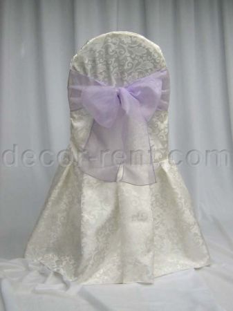 Warm White King Brocade Banquet Chair Cover & Lilac Organza Bow. Warm White King Brocade Banquet Chair Cover & Lilac Organza Bow.