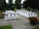 Warm White Knig Brocade Chair Covers. Beautiful day for a wedding in a cozy venue in Greater Toronto.